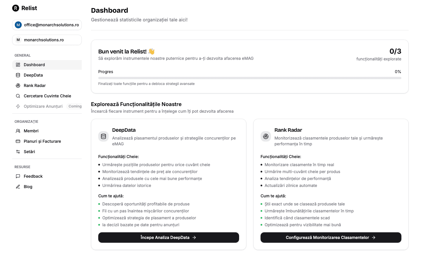 Previzualizare dashboard Relist arătând instrumentele DeepData și RankRadar